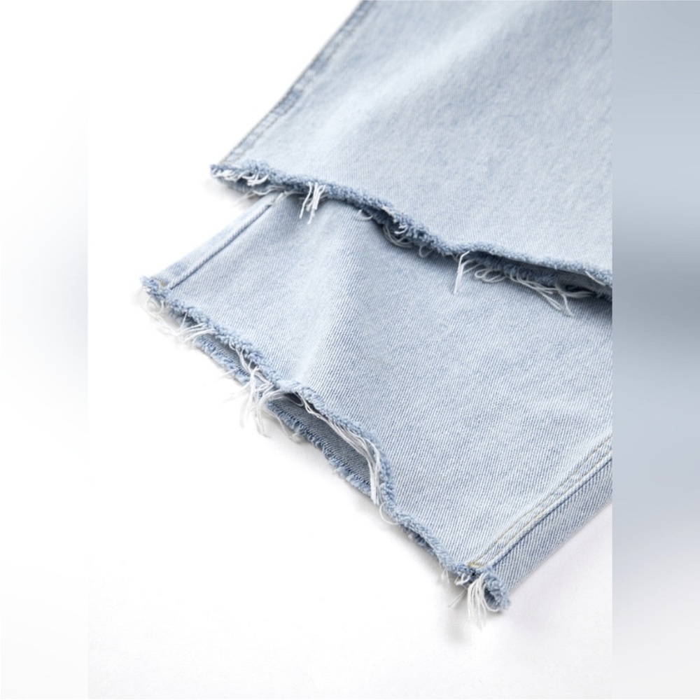 Light wash blue denim jeans- straight leg raw hem perfect closet essential jeans - Picture 9 of 12